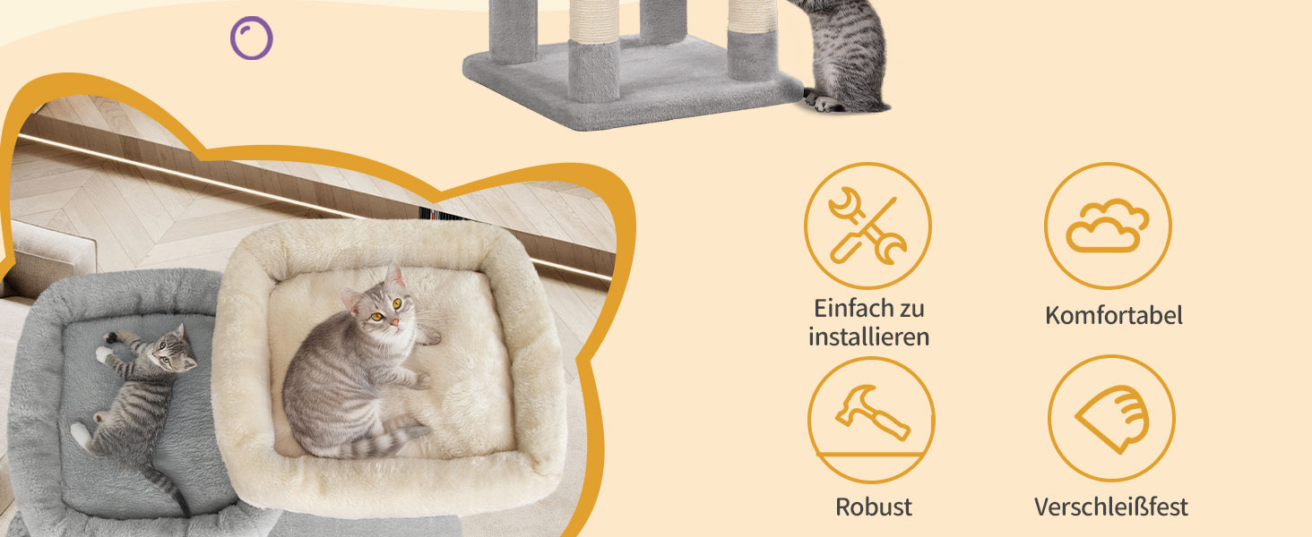 Драбина-кіготь Hzuaneri для котів, 159 см, 8 стовпчиків, 3 платформи, 2 хованки, кошик, плюшеві кульки, мотузка з сизалю, підходить для котів різних розмірів, сірий MS15918LG L (50 x 40 x 159 см)