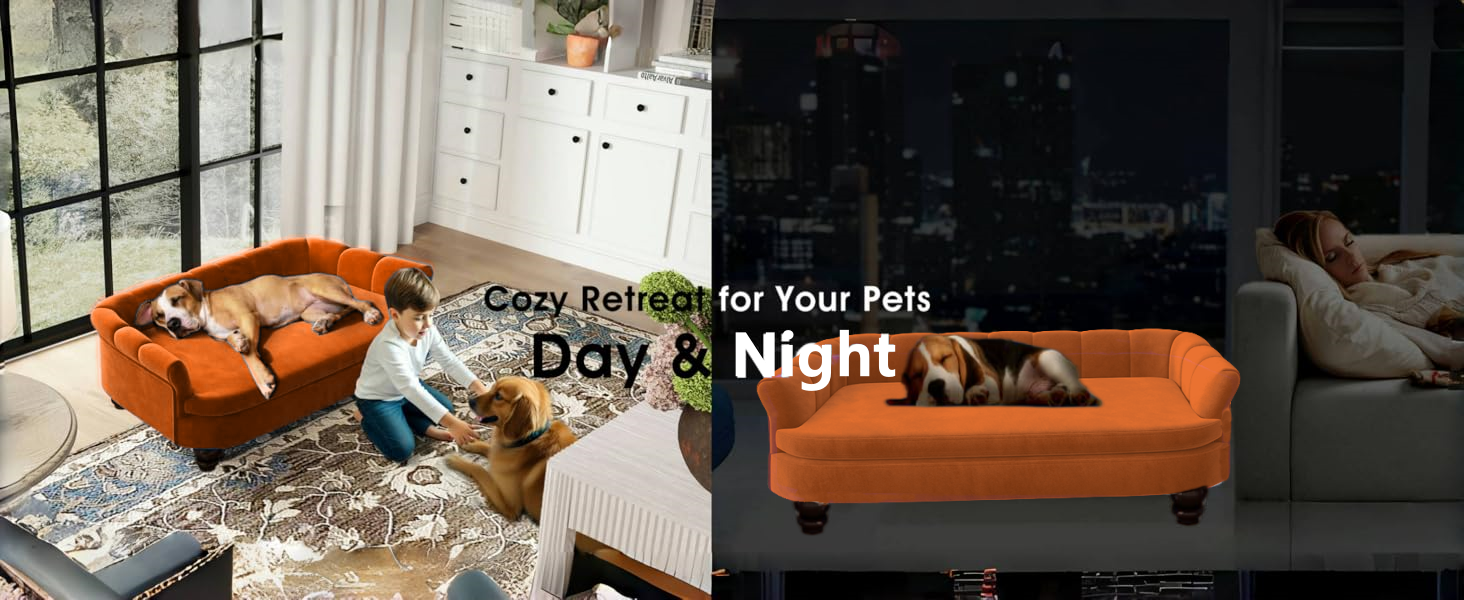 Диванчик для собак SEYNAR: м'який, з велюровою подушкою, для великих та середніх собак, для вітальні, миється, оранжевий
