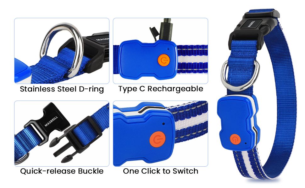 Світлодіодне нашийник для собак Masbrill з підзарядкою, 7 кольорів RGB, 8 режимів свічення, регульований, водонепроникний, для собак малого, середнього та великого розміру, чорний, розмір M