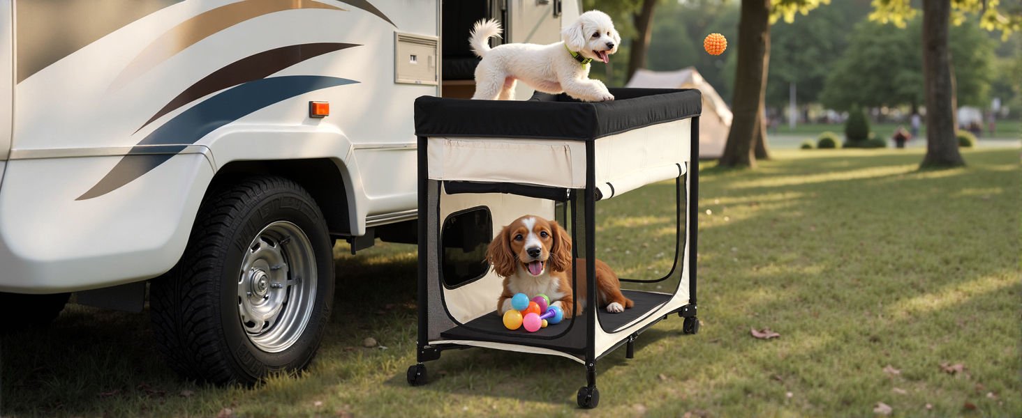 Підвищене ліжко для домашніх тварин VEVOR (XL), складне ліжко для собак з тканини 600D Oxford та голландського оксамиту, портативне дитяче ліжко з колесами та боковими кишенями, бежеве