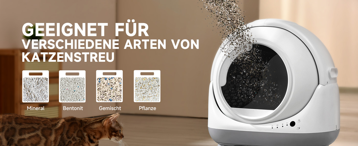 Автоматичний лоток для котів ELS PET з самоочищенням, захистом від розльоту, керуванням через додаток, без запаху, з килимком для котячого туалету та пакетами для сміття (для кількох котів) (Чорний та Сірий) (Білий Сірий)