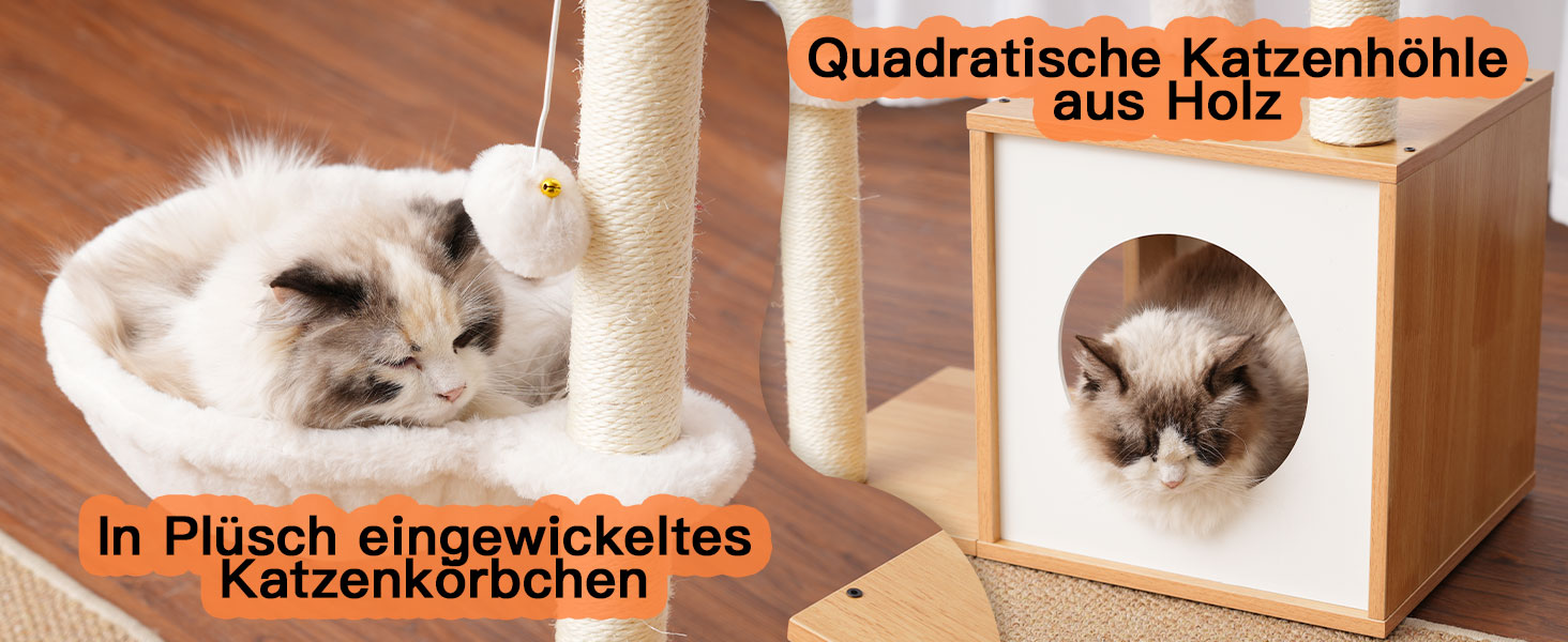 Дерев'яна кігтеточка Heybly HCT007SSR для котів: кігтестоїка-стійка з платформою 30x50 см, будиночком та 2 сизалевими стовпчиками, коричнева