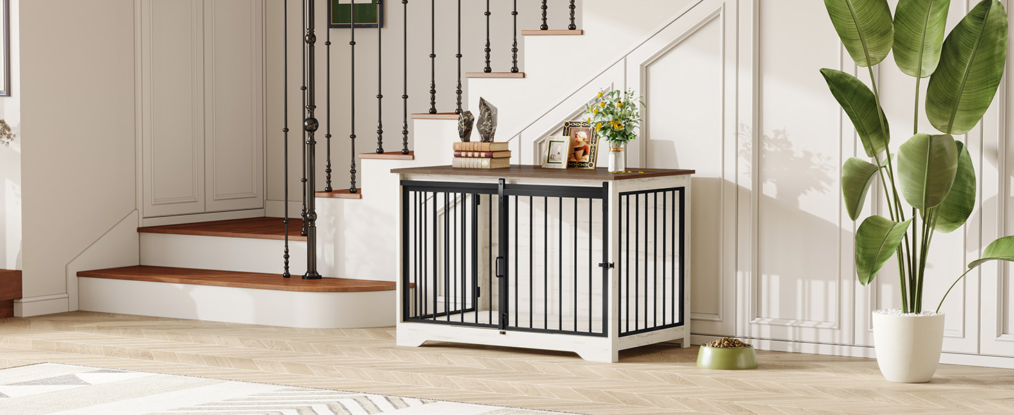 Будиночок для собаки Hzuaneri 100 см з дверцятами, дерев'яний, для дому, біло-коричневий