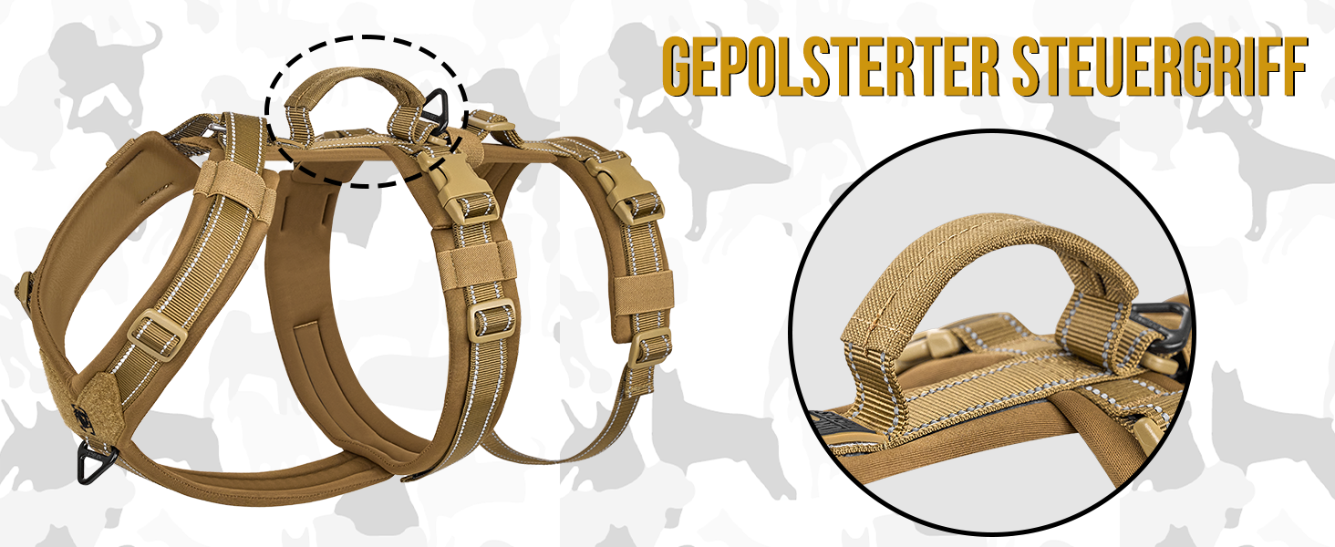 OneTigris HOUNDLOCK Тактичне шлейка для собак, надійна, регульована, з м'якою підкладкою, з ручкою, 2D-кільцями та світловідбиваючими елементами (M, L:27-41кг, обхват шиї 45-63см, обхват грудей 68-91см), Колір: Коричневий