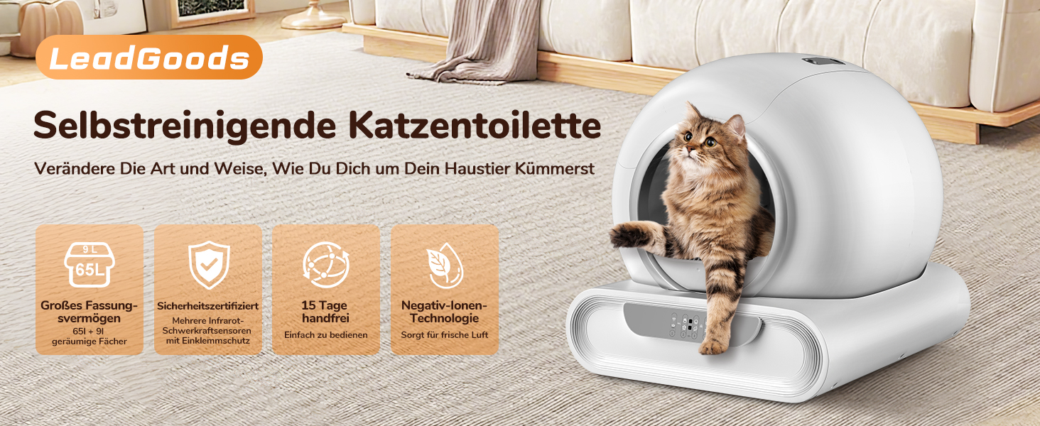 Автоматичний лоток для котів XXL 68л з самоочищенням, низький вхід, керування через додаток, датчик безпеки, для кількох котів