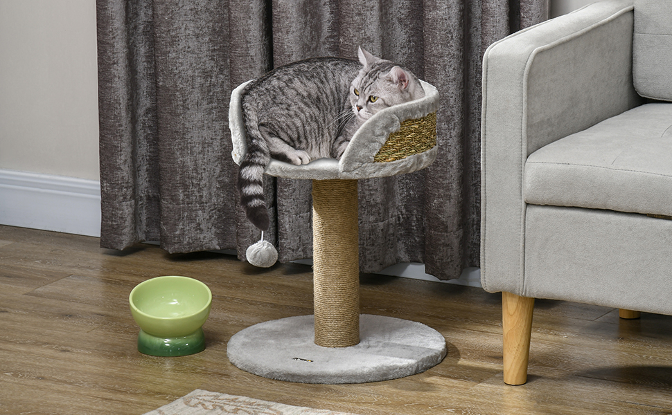 Кігтеточка PawHut для котів - маленька кігтешкраба, сірого кольору, з ігровим м'ячиком та сизалевими стовпчиками, 49 см