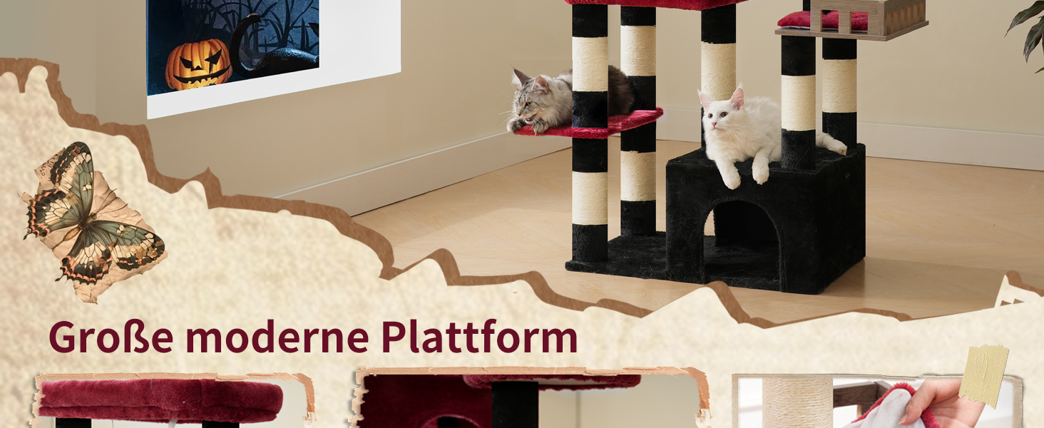 Котячий будиночок Kratzbaum: великий, з гамаком, 2 печери, 15 стовпчиків для дряпання (174см, чорний та червоний)