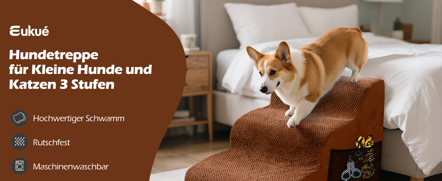 Сходинки для собак Eukue: 5 сходинок, складані, для маленьких та великих собак, з антиковзким покриттям, для ліжка/дивану (колір: коричневий)