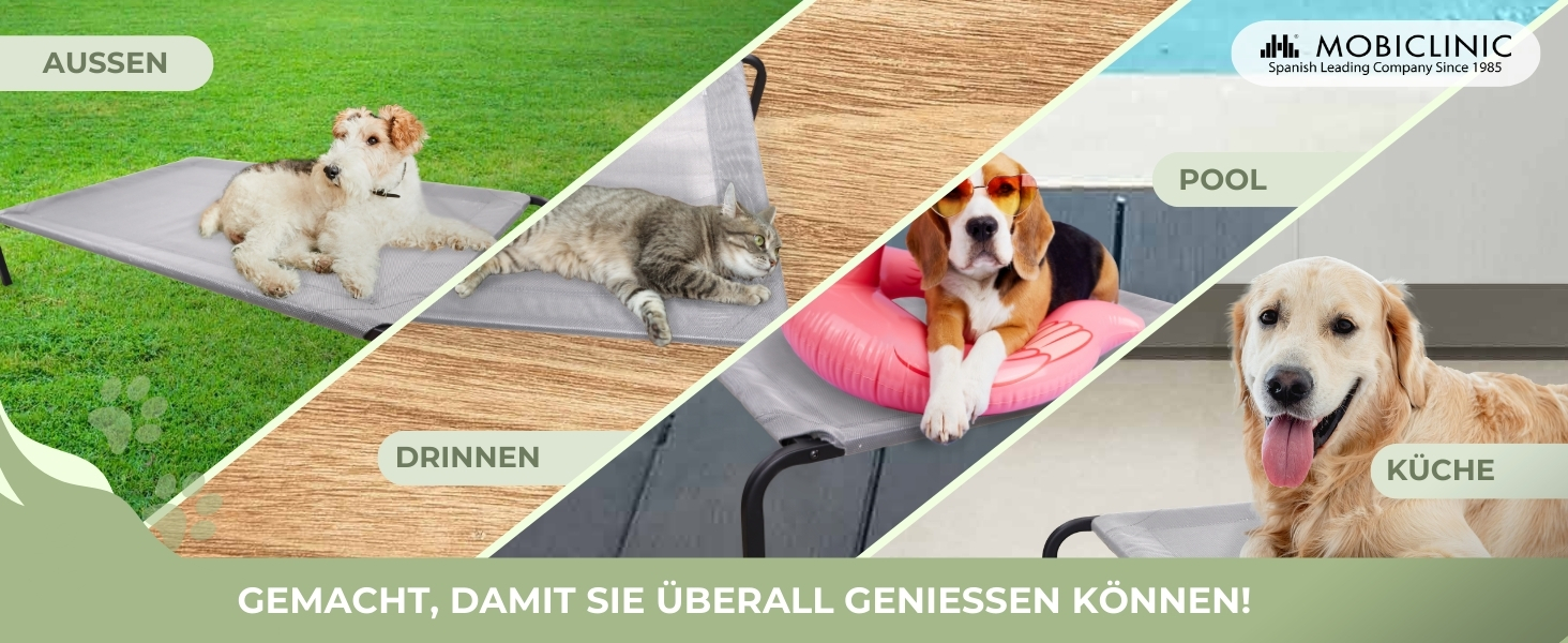 Mobiclinic® Cleo: Підвищене собаче ліжко, сіре, 122x71x21 см. Ізольоване, для внутрішнього та зовнішнього використання, міцне, легко миється, без інструментів, до 60 кг