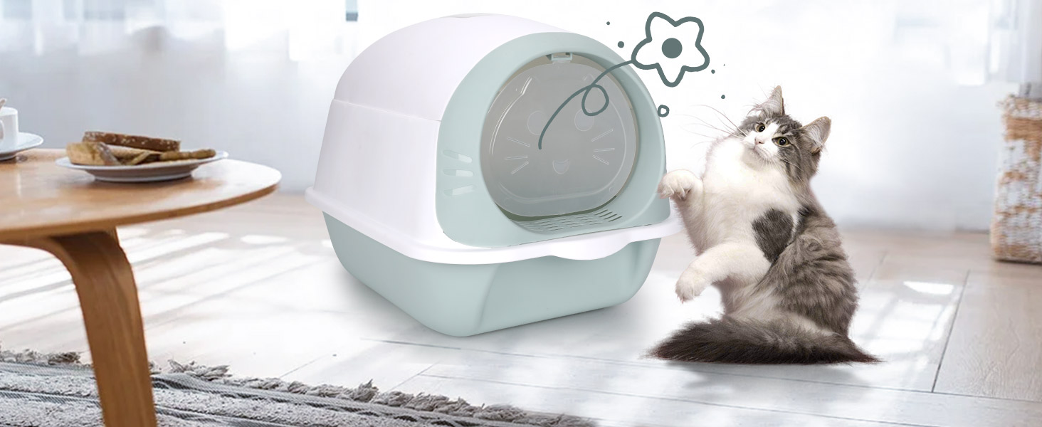 Котловий туалет для котів Masthome з кришкою, блакитно-білий, з лотком та фільтром з активованого вугілля
