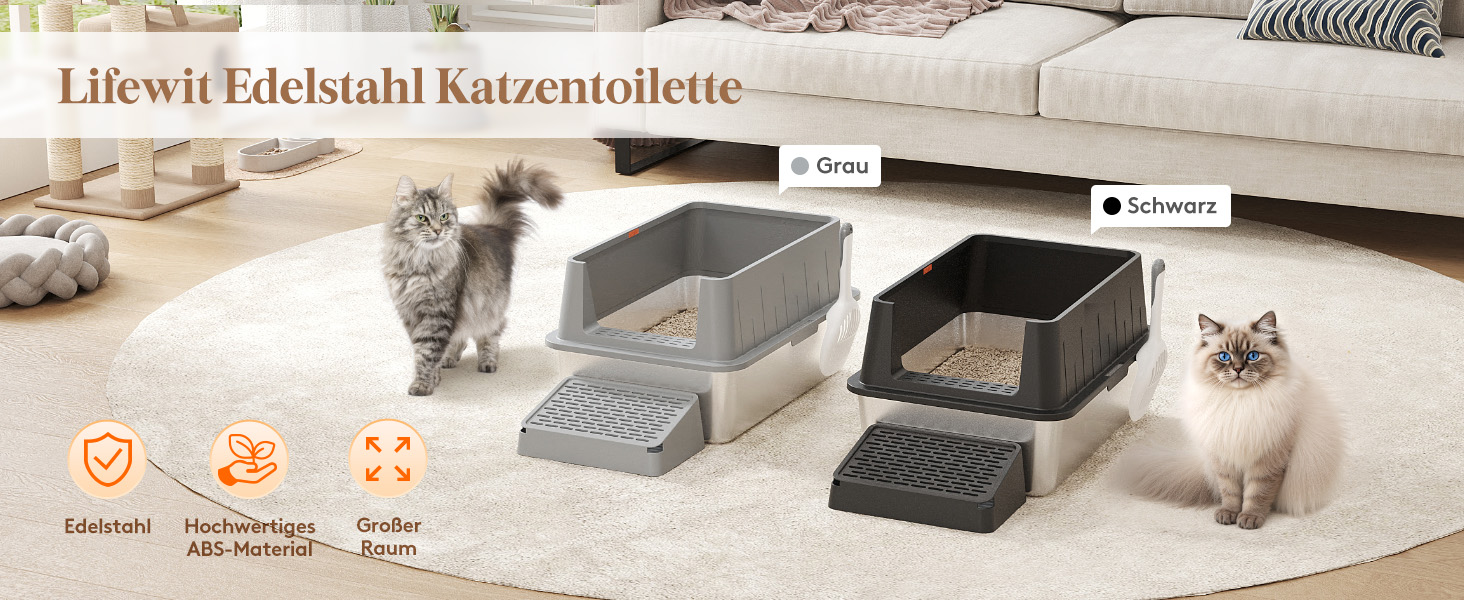 Лоток для котів Lifewit 28L з нержавіючої сталі, відкритий, 60x40x30 см, з лопаткою та педалем, сірий. Лоток для котів XXL, великий, без кришки, для великих котів, для вітальні, спальні