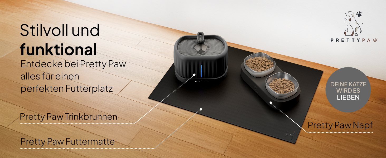 Підкладка під миску для котів Pretty PAW® 60x40 см - неслизька та водонепроникна, захист від води та бруду | Сумісна з фонтанчиком та мисками Pretty Paw (Чорний, широка)