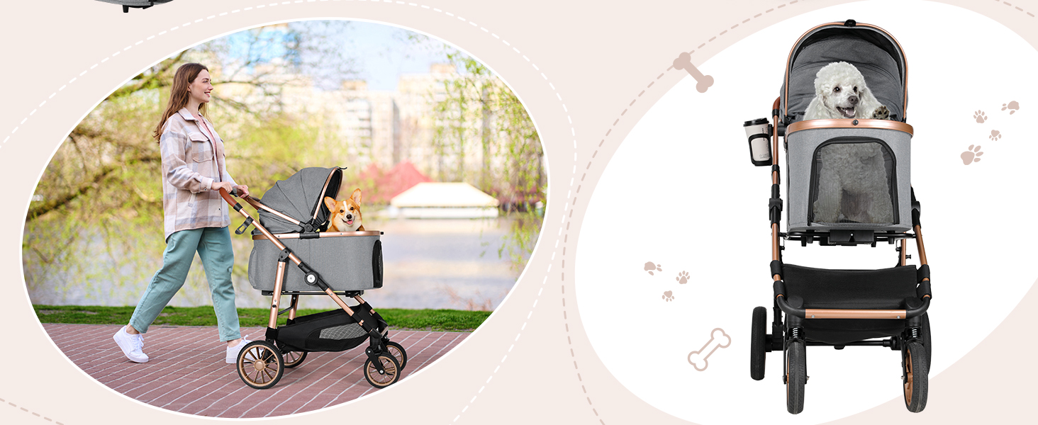 Візок для собак Mamizо 3-в-1: візок-будiвельник для собак та котів (до 25 кг), сірий. 4 колеса, складаний