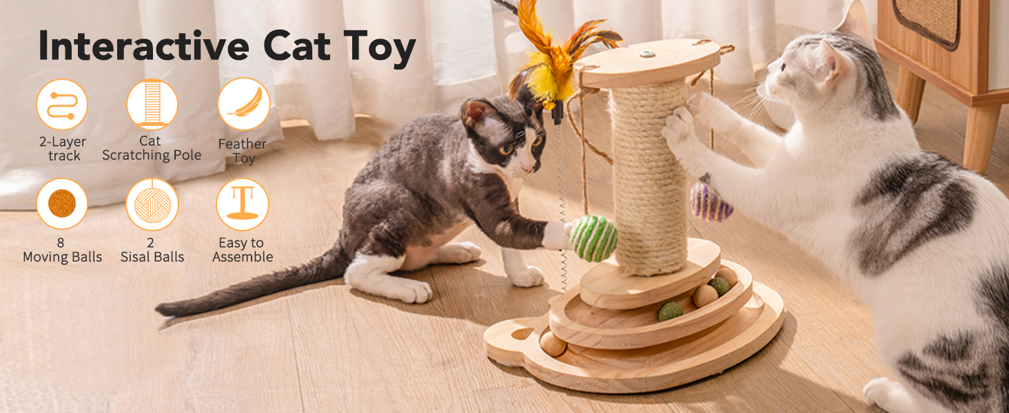 Іграшка для котів MEWOOFUN з дерева, роликовий іграшковий центр з двошаровим обертовим диском, інтерактивна іграшка з пір'ям, 3-в-1 іграшка для кошенят з інтерактивними м'ячиками та висячими кульками, дряпка для котів (маленька)