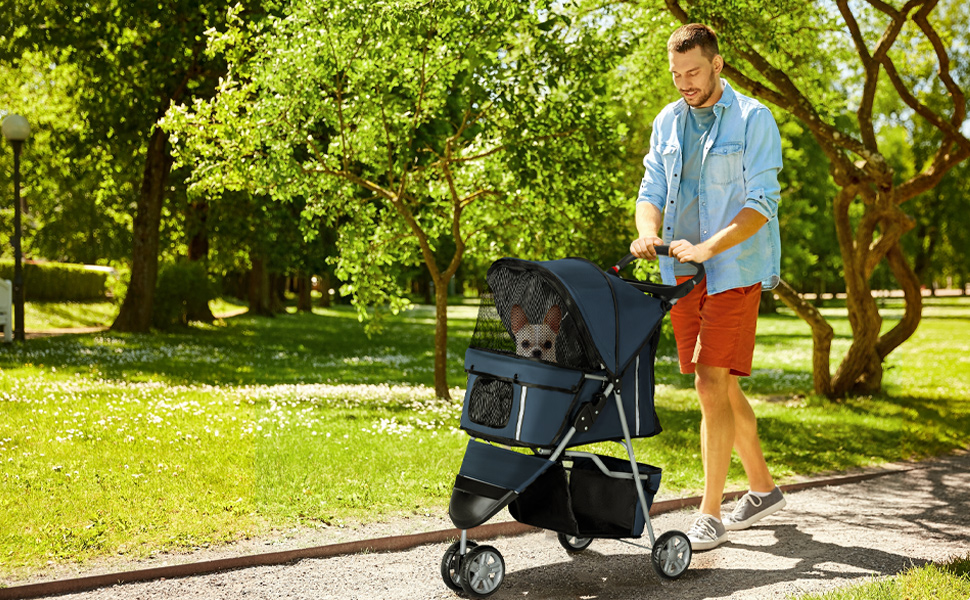 PawHut Складаний візок для тварин: візок для собак та котів з тримачем для напоїв та кошиком, 600D Oxford, сталевий каркас, 75x45x97 см, темно-синій