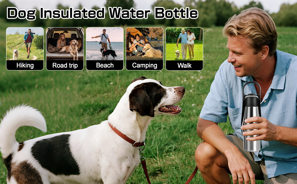 Водяна пляшка для собак на прогулянці - витокозахисна, з нержавіючої сталі, подвійні стінки, вакуумна ізоляція, 750 мл (Чорний)