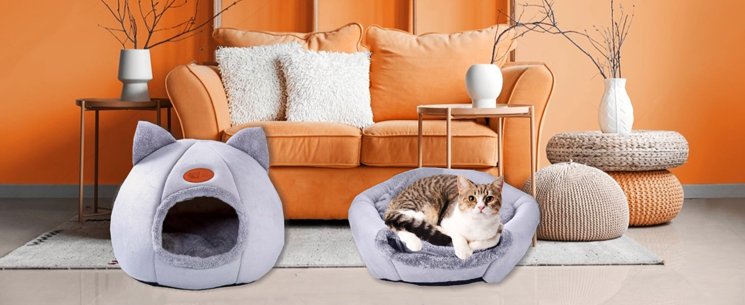 Кігтеточка-будиночок для котів, тепла та м'яка печера-ліжко для кошенят та дорослих котів (сірий, L)