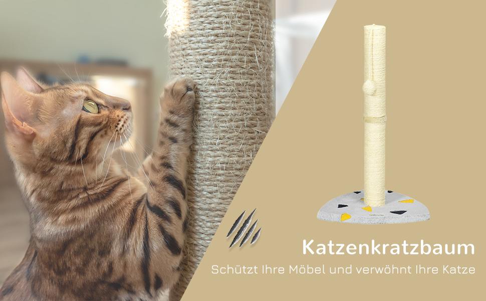 Котячий кігтеточки PawHut 62см: когтеточка-стійка з джутового покриття, з іграшкою-м'ячиком, для дому, сіро-бежева