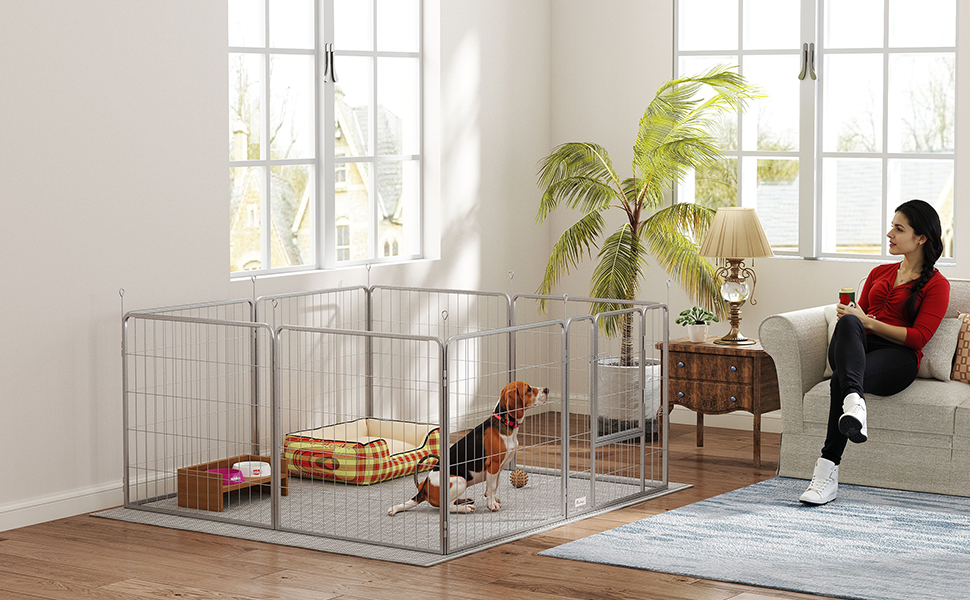 PawHut Вольєр для цуценят з 8 панелей, вольєр для собак на відкритому повітрі, захисний тент, 100 см, для собак, котів, цуценят