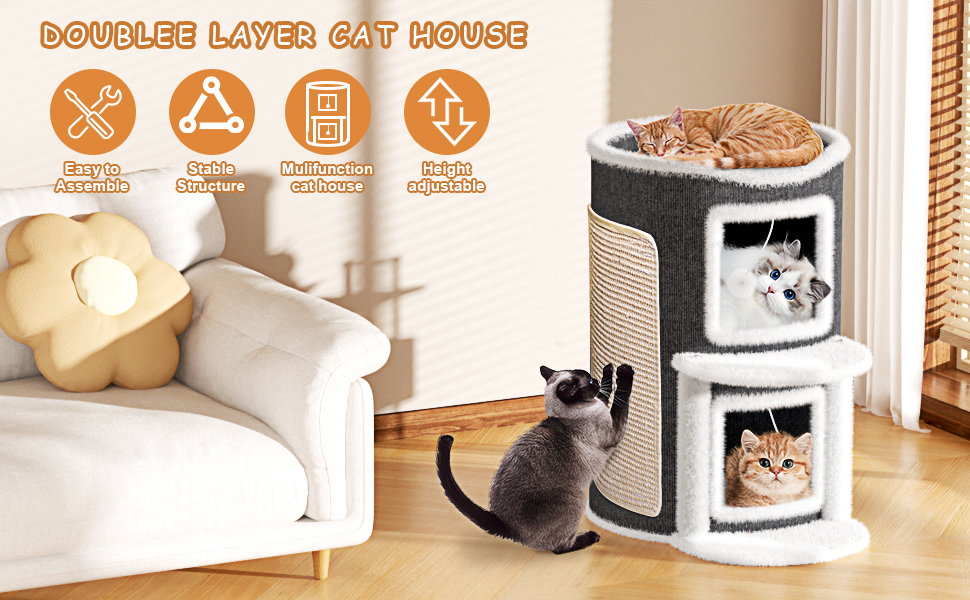 Двоповерхова кімната-будиночок для котів з когтеточкою, платформа та іграшкою, 60x40x40 см / 40x40x60 см