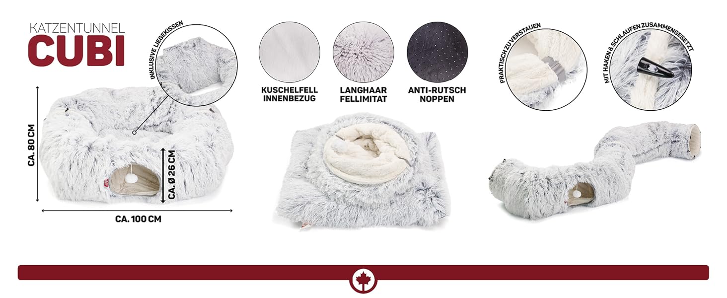 Канадський кіт | Преміум тунель для котів CUBI, XXL тунель з місцем для сну, з м'яким лежаком, для великих котів, 100 x 80 x 26 см (Сірий)
