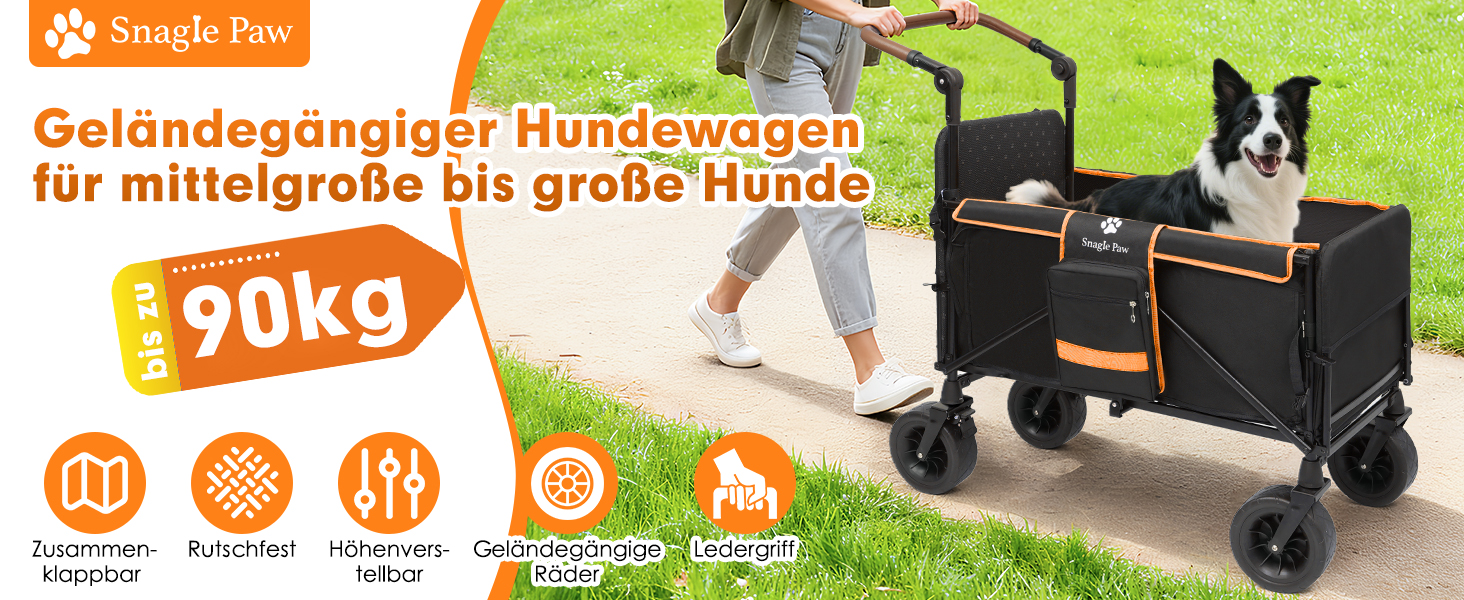 Візок для собак Snagle Paw з заднім люком та рампою, великий, складний, для великих та середніх собак, з регульованою ручкою та стоянковим гальмом, 4 колеса для прогулянок, джоггінгу, подорожей, до 90 кг, чорний/помаранчевий