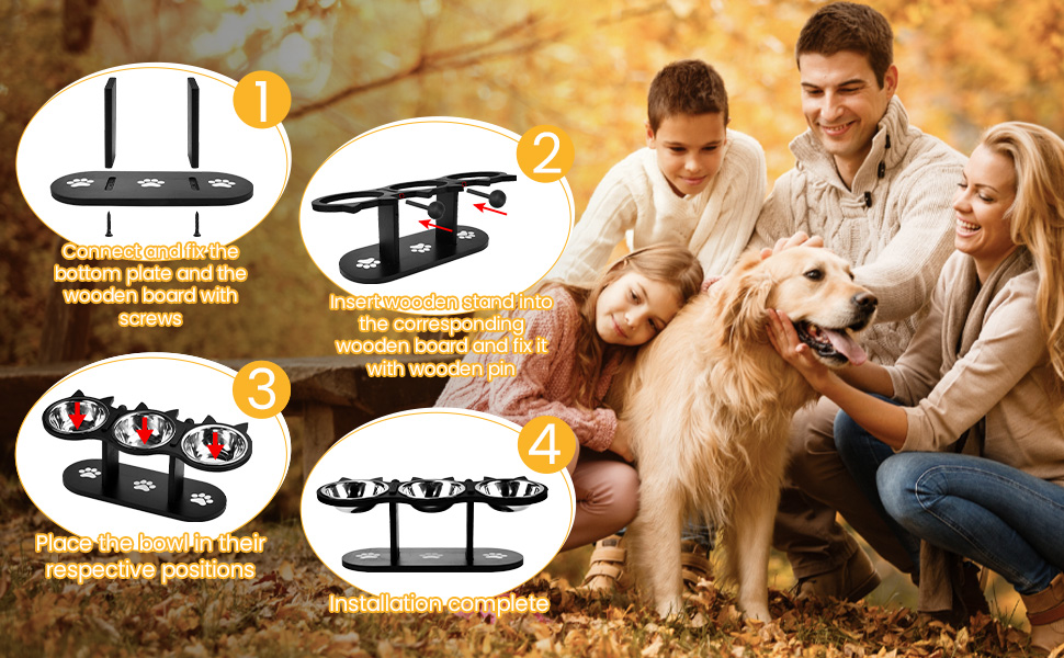 Набір мисок для котів 3 шт. з нержавіючої сталі, підняті миски для котів та маленьких собак, дерев'яна годівниця для котів, чорний колір