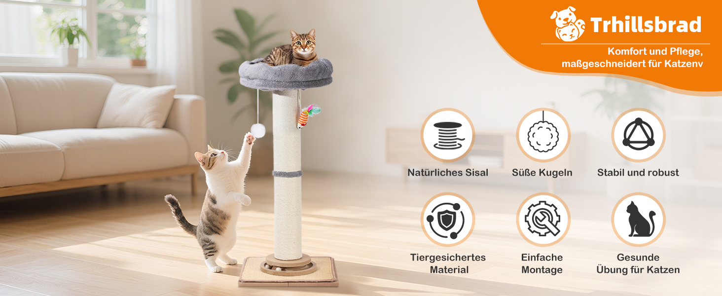 Дряпак для котів Trhillsbrad 81 см з м'ячиком та іграшками, з сизалю