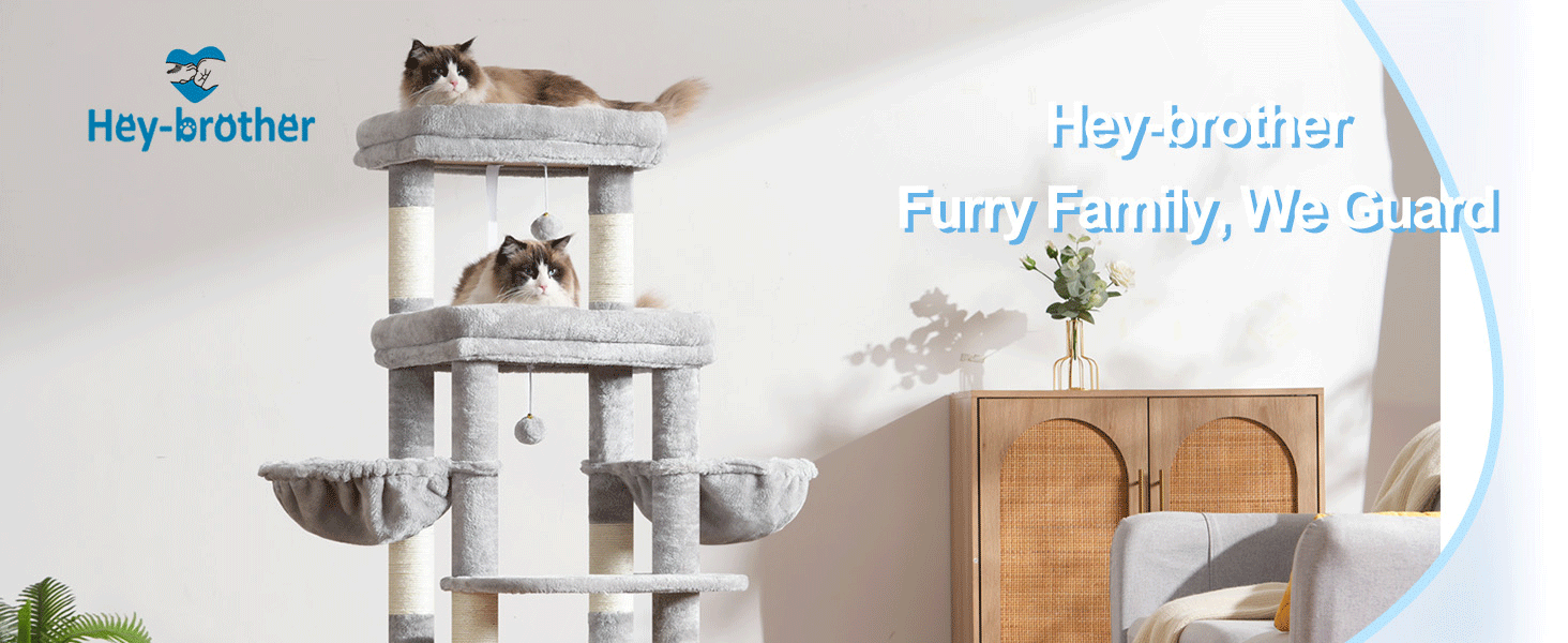 Котячий будиночок Hey-brother Kratzbaum для великих котів та Мейн-кунів, багатоярусний, стабільний, з 2 платформами, 2 будиночками, великою печерею, гребінкою, сірий EMPJ070W