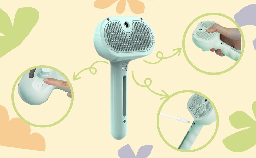 3-в-1 щітка для грумінгу тварин з парою та спреєм, для котів та інших домашніх улюбленців, видаляє відмерле волосся, самоочищення, вирівнювання (зелена)