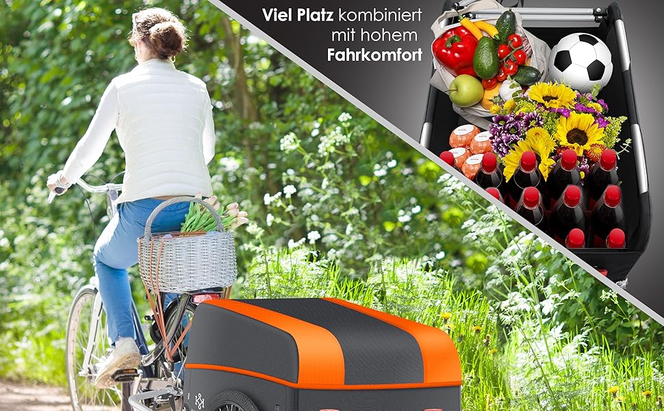 KESSER® Причіп для велосипеда вантажний, 120 літрів, оранжевий/антрацитовий, з дахом та функцією складання