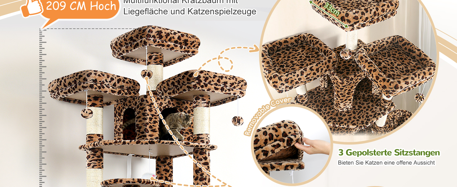 Драбина для котів Globlazer XXL, 209 см: 3 стійкі лежанки, 2 будиночки, 2 кошики, велика платформа, іграшки, стабільна для 3-5 котів. Leoparden