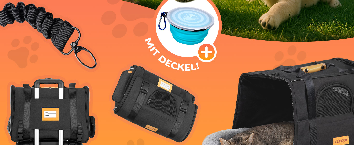 Транспортна переноска для котів CADOCA® до 20 кг, складна, з сонцезахисним дахом, ременем на плече, мискою, дихаюча, комфортна, з обертовим матрацом. Підходить для котів, собак, авто, чорного кольору.