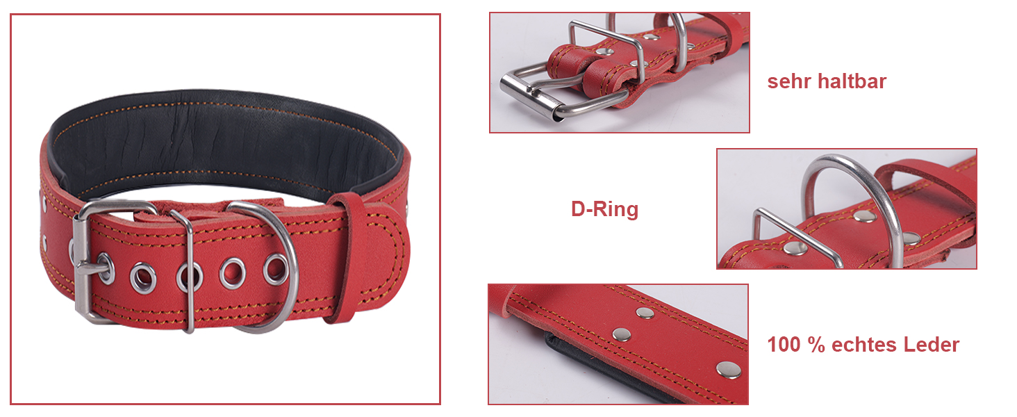 Нашийник для собак з натуральної шкіри, XL, червоний. Товстий, м'який, 5 см, для середніх та великих порід