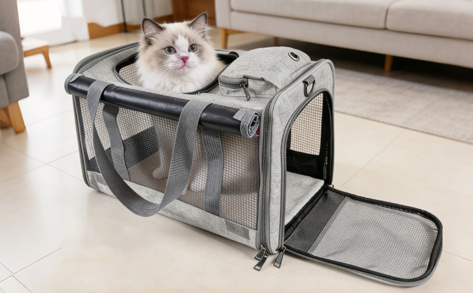 Транспортна переноска для котів та собак, 46x30x30 см, темно-сіра, складана, з вентиляційною сіткою та кишенею, до 10 кг