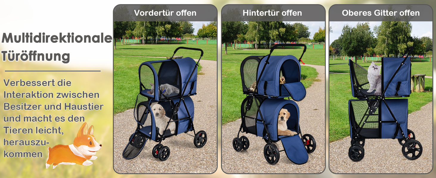 GYMAX Складаний візок для собак, буги для тварин з 2 знімними кишенями, візок для собак з передніми та задніми дверцятами, переноска для домашніх тварин з сітчастою тканиною та колесами з гальмами, переноска для собак та котів (Блакитний)