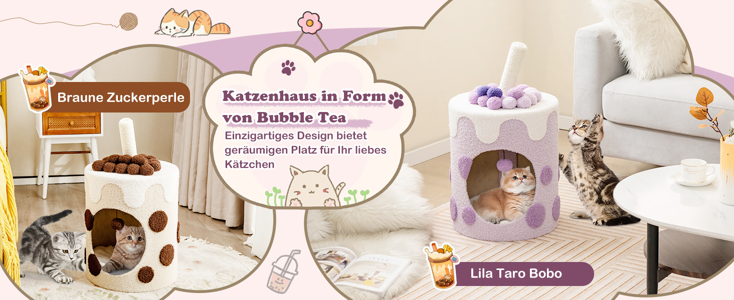 Дряпальня для котів COSTWAY Milktee, кігтеточка з сизалю з іграшками, дряпальний комплекс з будиночком, 37x37x67 см (колір кавовий)