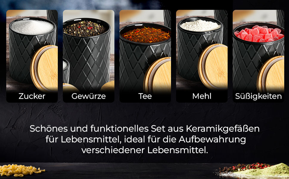 Набір з 3 вазок для зберігання Miamio Palmanova, кераміка з дерев'яним кришкою, білий та чорний кольори