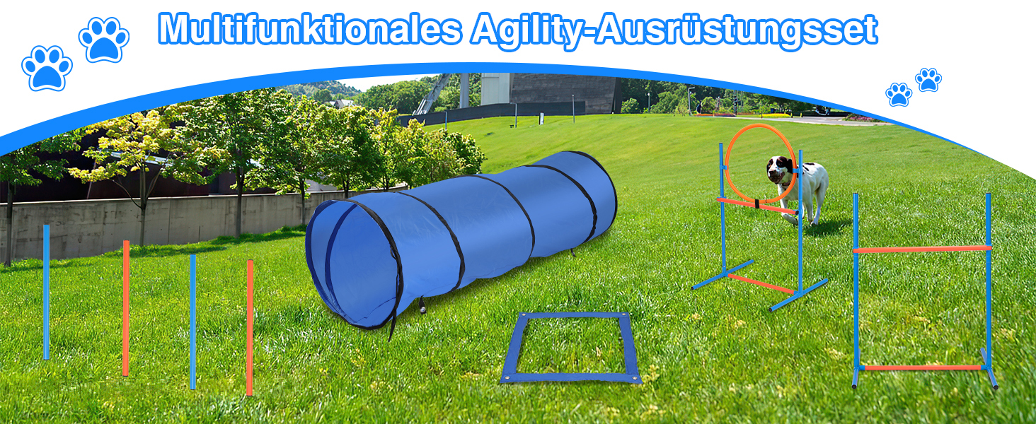 Набір для аджиліті Sonnewelt Agility Set для собак, 5-ти елементний: слалом, бар'єр, кільце для стрибків, тунель. Ідеально для парку, тренувань та цікавих ігор.