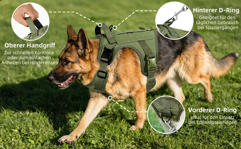 Тактичний нашийник для собак VavoPaw з панеллю MOLLE та світловідбиваючими смугами, армійсько-зелений, розмір L (45-80 кг, обхват грудей 23.6-41.7', шиї 15-27.5')
