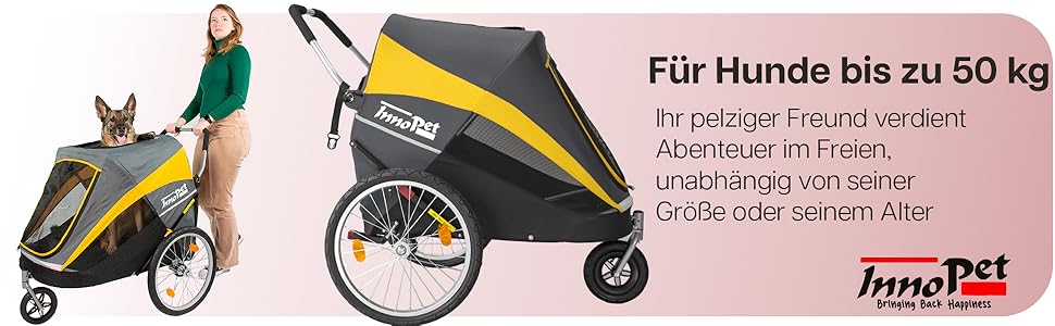 Візок для собак Innopet Hercules 2.0, жовто-сірий - міцний, до 50 кг, з дощем, колеса 45см, EFA колеса