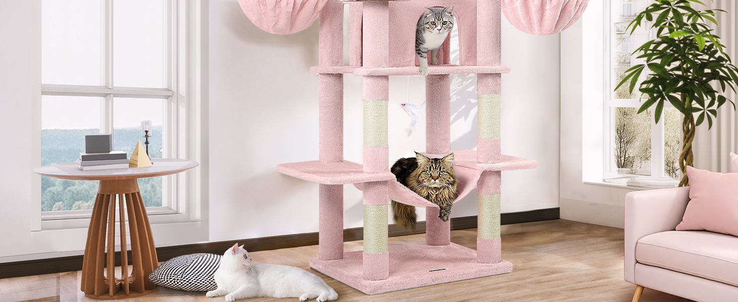 Розкішна когтеточка Globlazer XXL для великих і кількох котів, 204 см, з будиночками, гамаками та м'якими сидіннями (рожева)