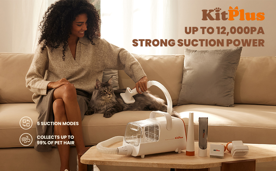 Набір для догляду за собаками Kitplus: 11 інструментів, потужність 12000 Па, LED-дисплей, об'єм контейнера 2 л