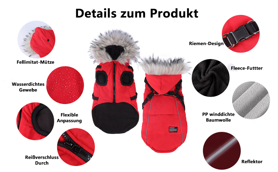 Тепла зимова жилетка для собак з начосом, світловідбиваючими смугами, червона (M)