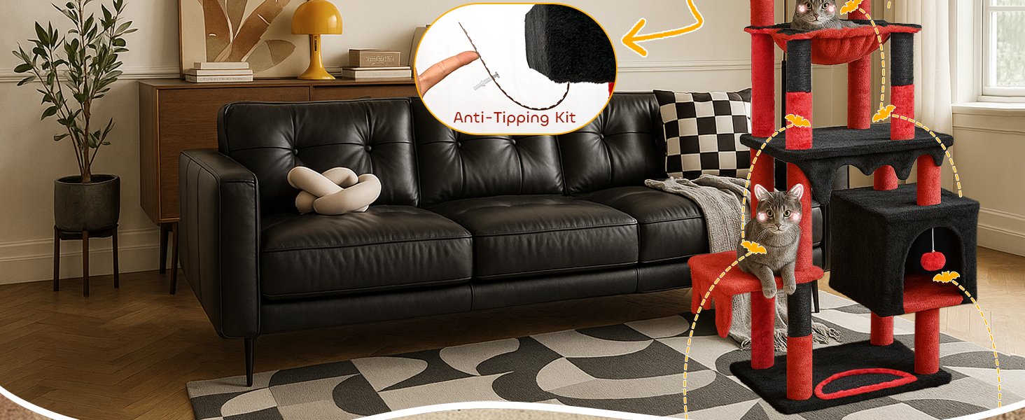 Драбинка для котів BYBYME у готичному стилі на Halloween, 168 см, стійкий комплект котячих меблів з ліжком, будиночком, гамаком та стовпчиками для шліфування кігтів (чорно-червоний), підлоговий