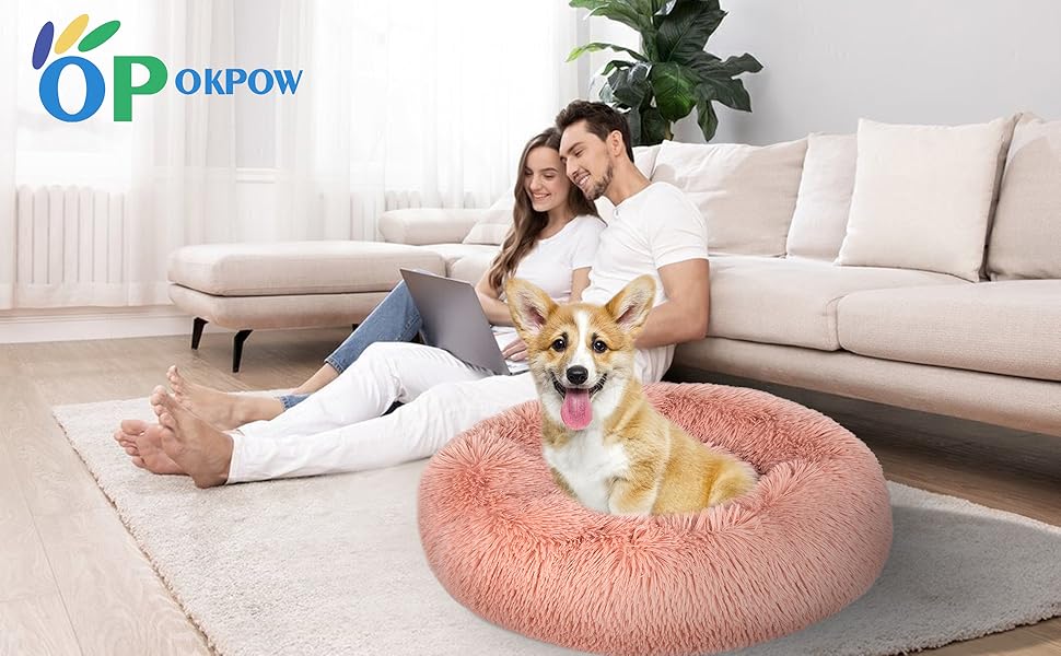 OKPOW Крізьке ліжко для собак: м'яке, кругле ліжко для цуценят, анти-страх, комфортне ліжко для котів, плюшеве ліжко для домашніх тварин, пральне, Ø60см, рожеве (M)