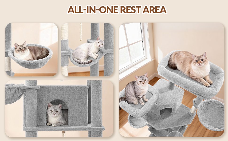 Котячий будиночок Kratzbaum Groß 216 см: великий, стабільний, з 2 печерами, 2 платформами, 2 кошиками та гамаком для дому. FPMS007FG1 (50x40x175 см, світло-сірий)