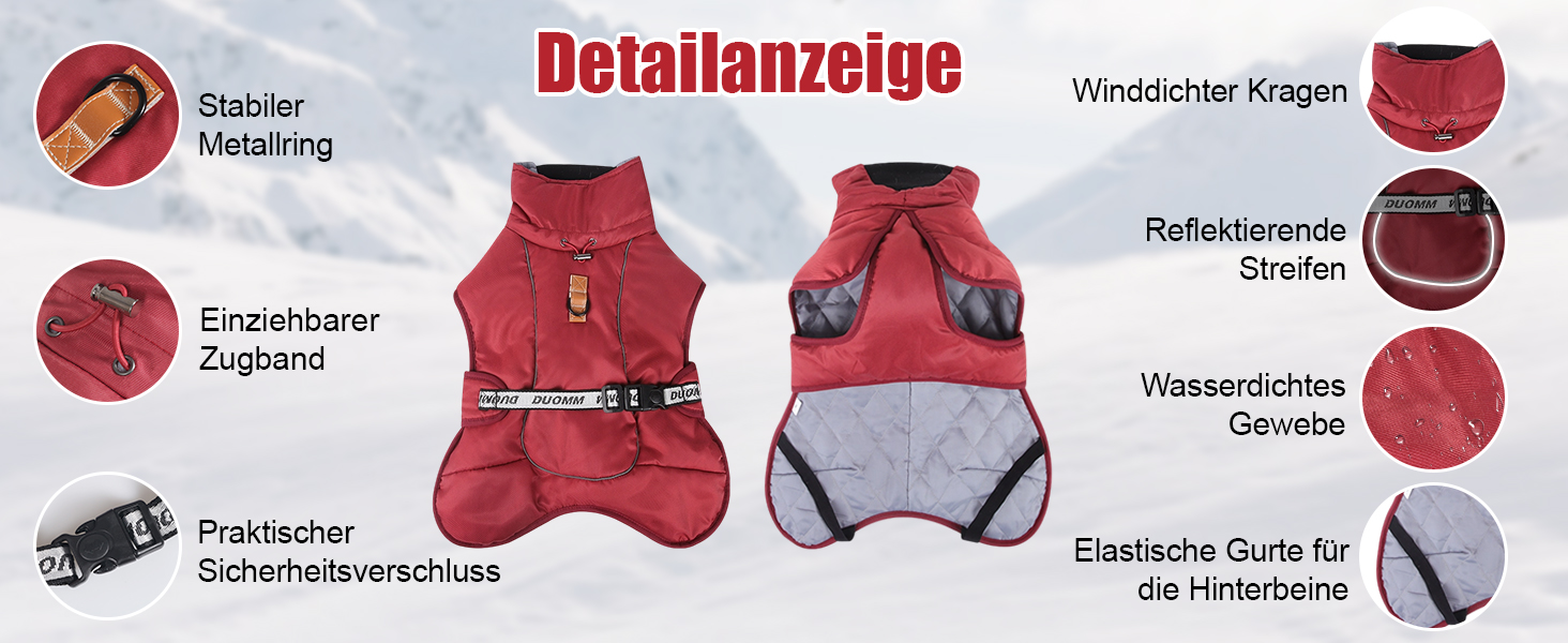 Зимовий одяг для собак FeimaX: теплий, вітронепроникний зимовий одяг для собак середніх та великих порід. Вітронепроникна жилетка для собак з D-кільцем (червоний, 5XL)