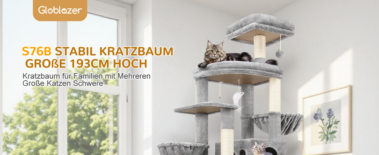 Драбина для котів Globlazer XXL 193 см з будиночком, гамаком, платформами та іграшками. Стабільна для 3-5 котів. Сірий колір.
