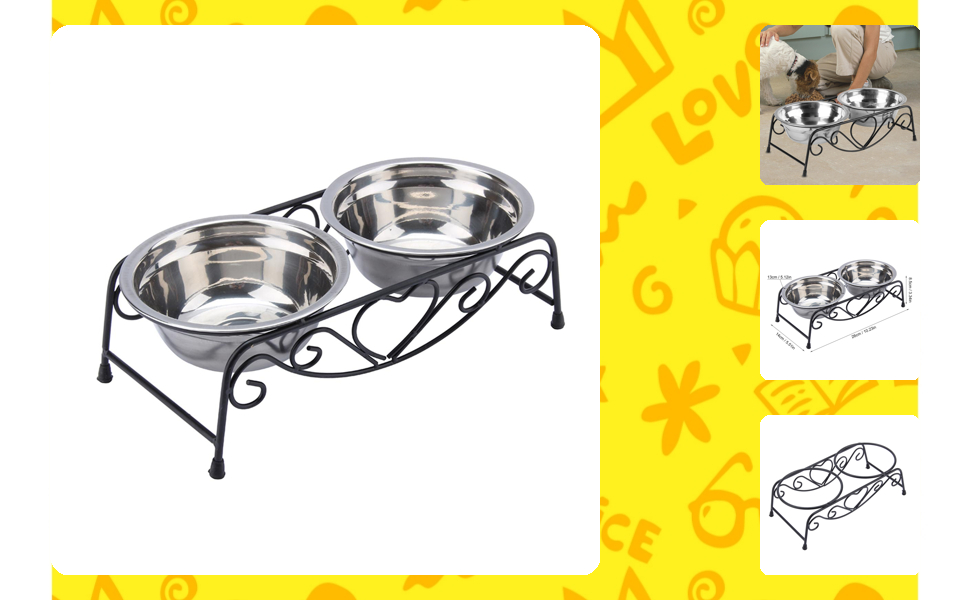 Підвищена годівниця для собак та котів, стійкий піднос з двома мисками (діаметр 13 см), розмір 26 x 14 x 8.5 см